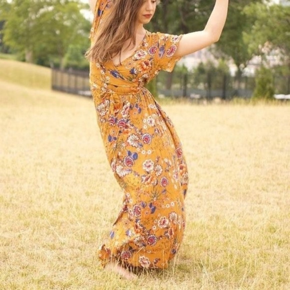 Boho Floral Maxi Dress Mustard Sz S Short Sleeveβ Wrap Tie Waist Anthropologie